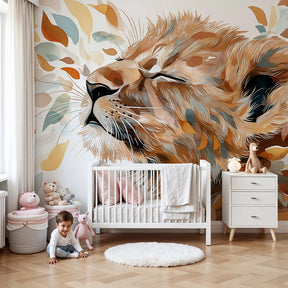 Lion cub mural wallpaper with soft foliage creating cozy nursery atmosphere by Kids-Mundo
