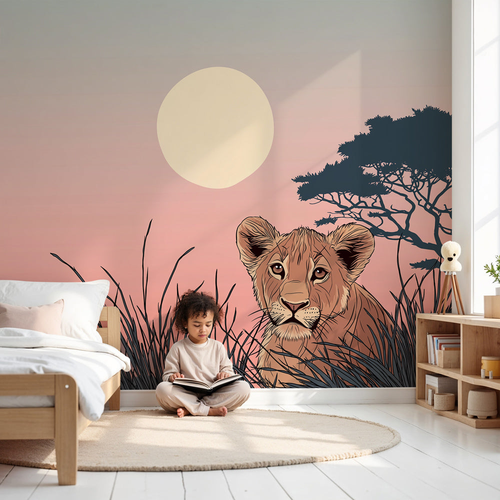Lion cub sunset mural wallpaper in modern nursery room setting by Kids-Mundo