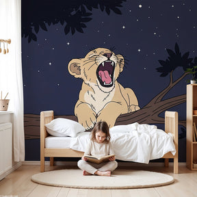 Lion cub starry night mural wallpaper in modern nursery room by Kids-Mundo