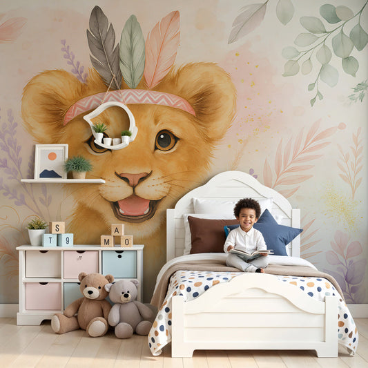 Lion cub mural wallpaper creating magical safari nursery decor with soft pastel colors by Kids-Mundo