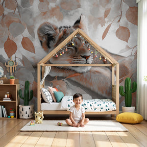 Peaceful lion cub mural wallpaper creating serene safari nursery atmosphere by Kids-Mundo