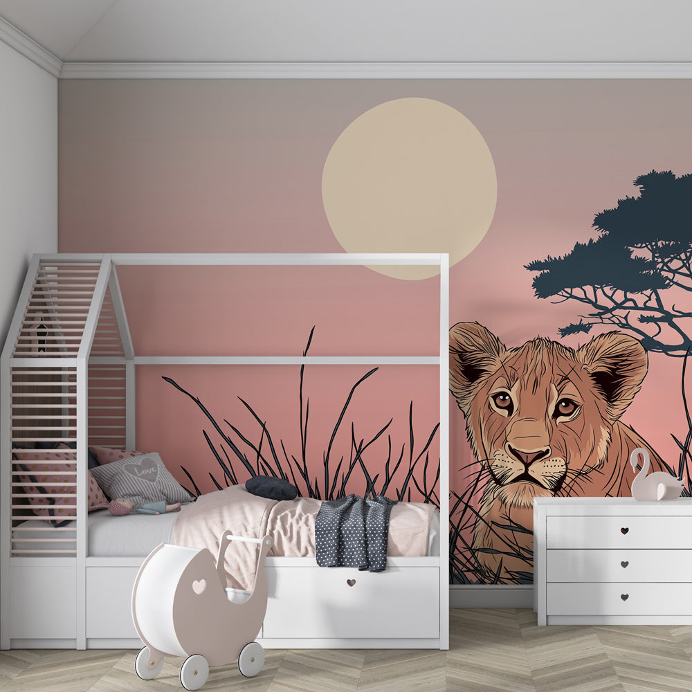 African lion cub mural wallpaper transforming children's playroom into safari adventure