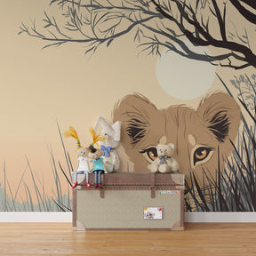 Curious lion cub mural wallpaper for kids playroom with warm savanna tones by Kids-Mundo