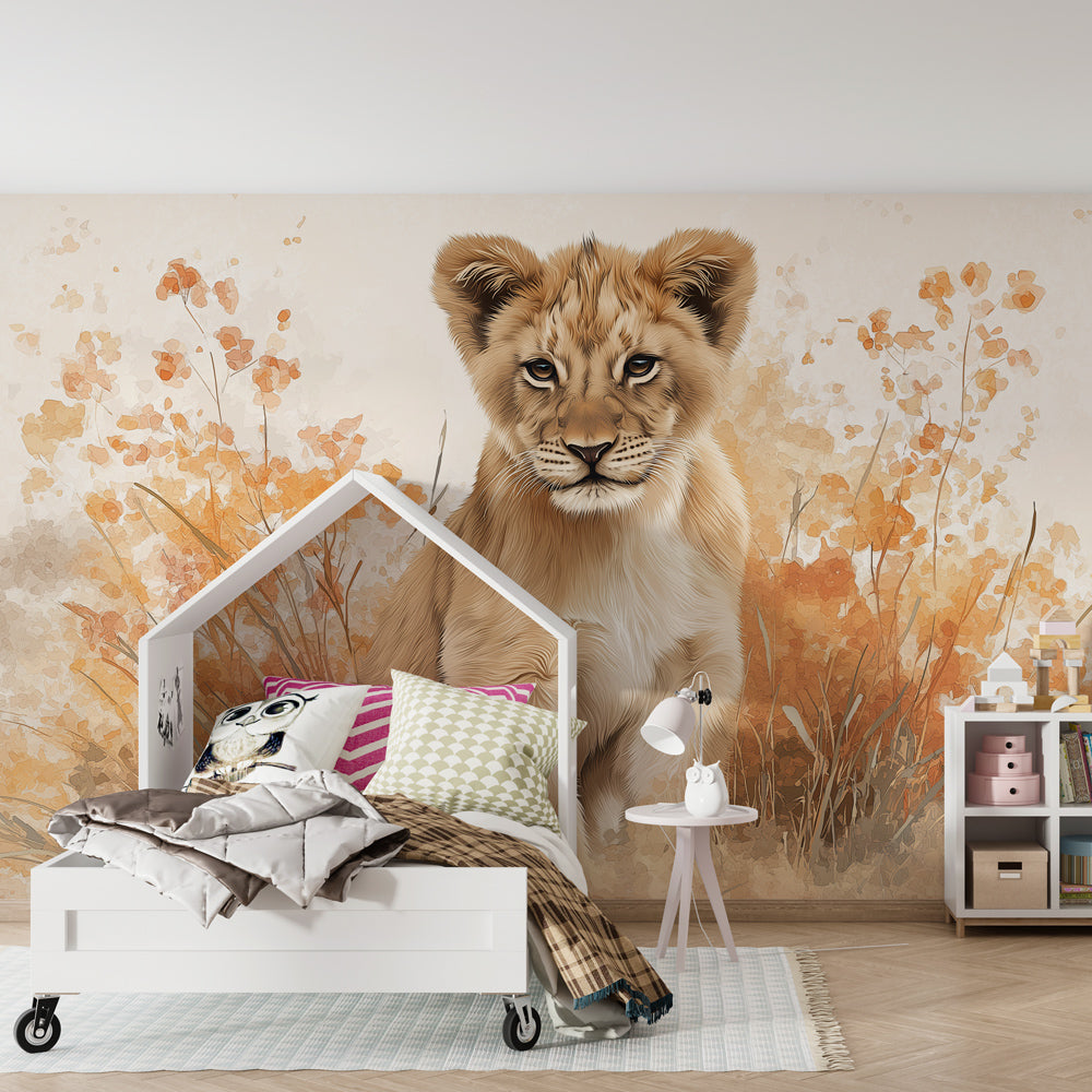 Wildlife lion cub mural wallpaper transforming children's playroom into safari adventure