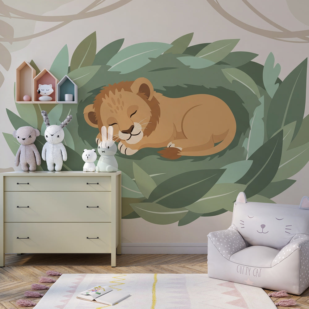 Animal themed mural wallpaper featuring sleeping lion cub in kids playroom setting