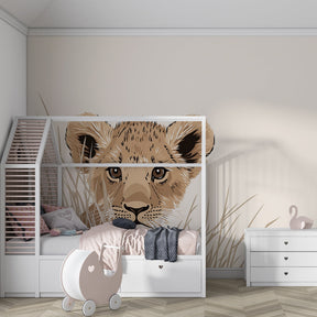 Gentle lion cub wallpaper transforming playroom into safari adventure space for kids