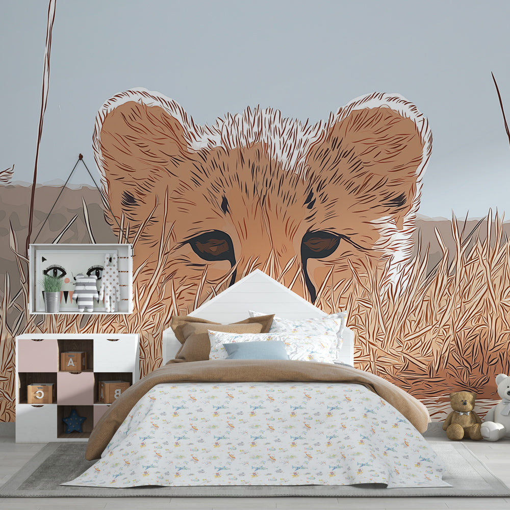 Safari animal mural wallpaper creating wild adventure theme in kids playroom