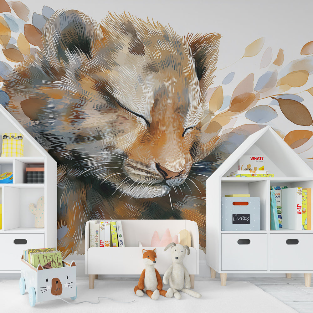 Nature-themed lion cub wallpaper transforming kids playroom with warm botanical colors