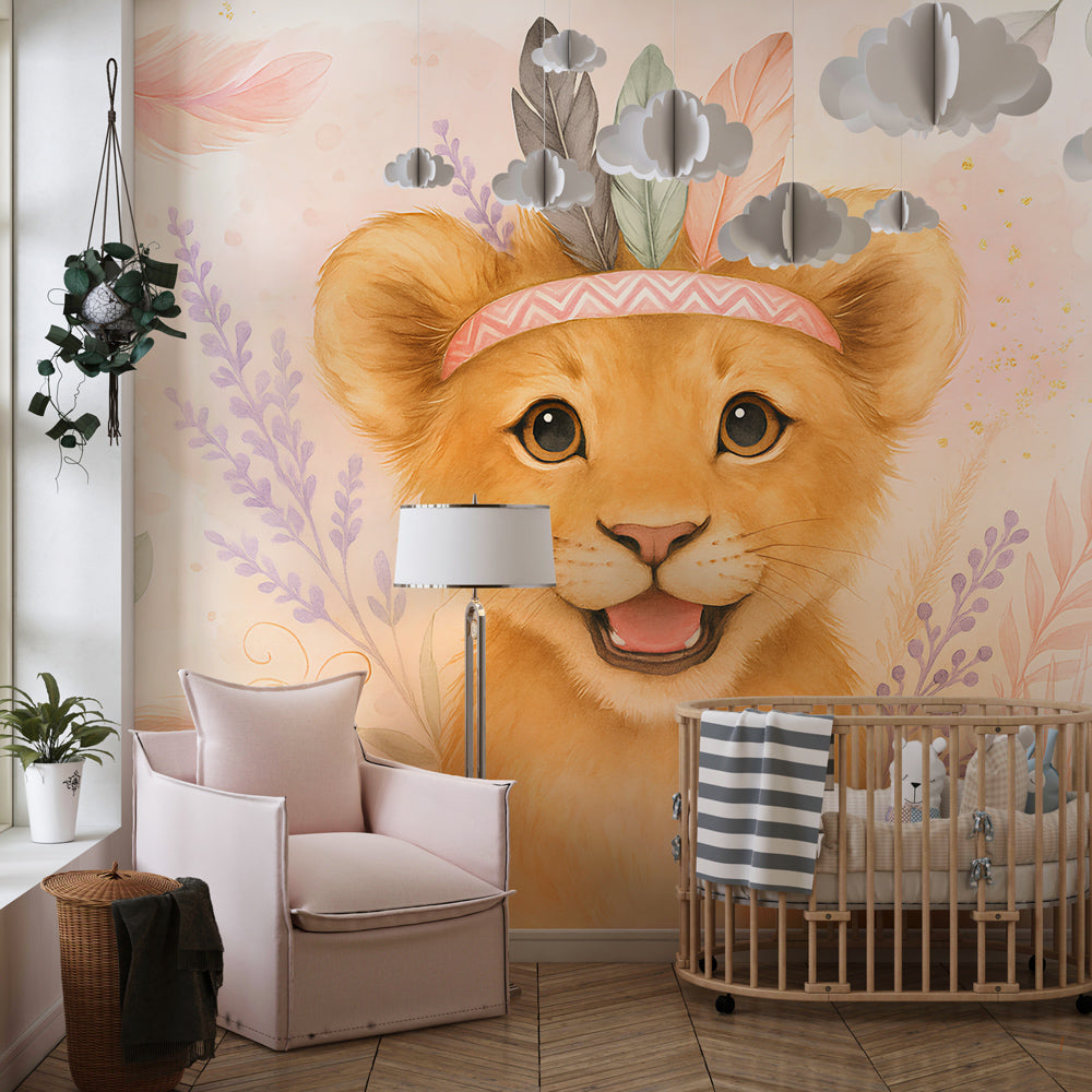 Safari animal mural wallpaper featuring happy lion cub in colorful kids playroom setting by Kids-Mundo