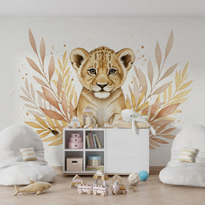 Animal-themed mural wallpaper with young lion creating imaginative playroom environment