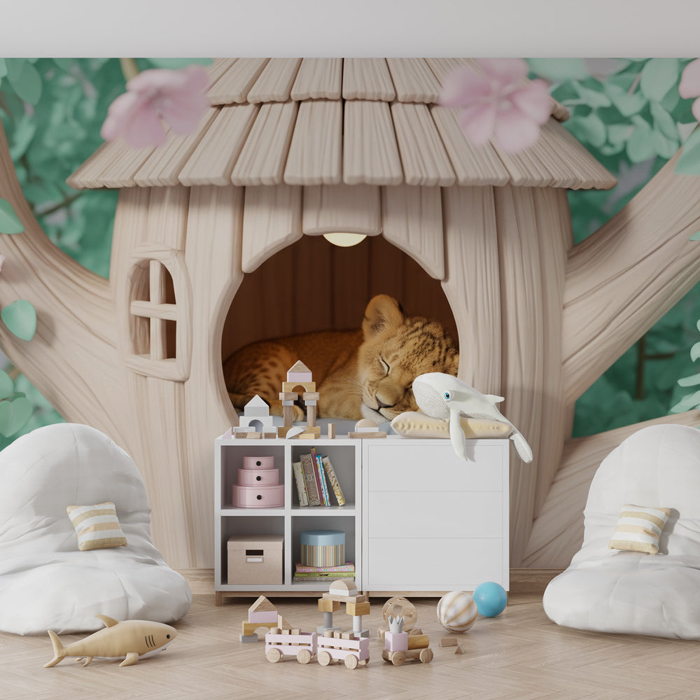 Animal themed mural wallpaper featuring lion cub in treehouse for cozy children's playroom by Kids-Mundo
