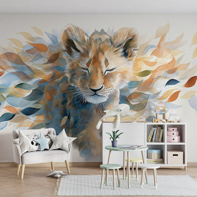 Safari lion cub mural wallpaper adding adventure theme to modern kids playroom by Kids-Mundo
