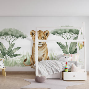 Animal-themed mural wallpaper transforming kids playroom into African savanna adventure space