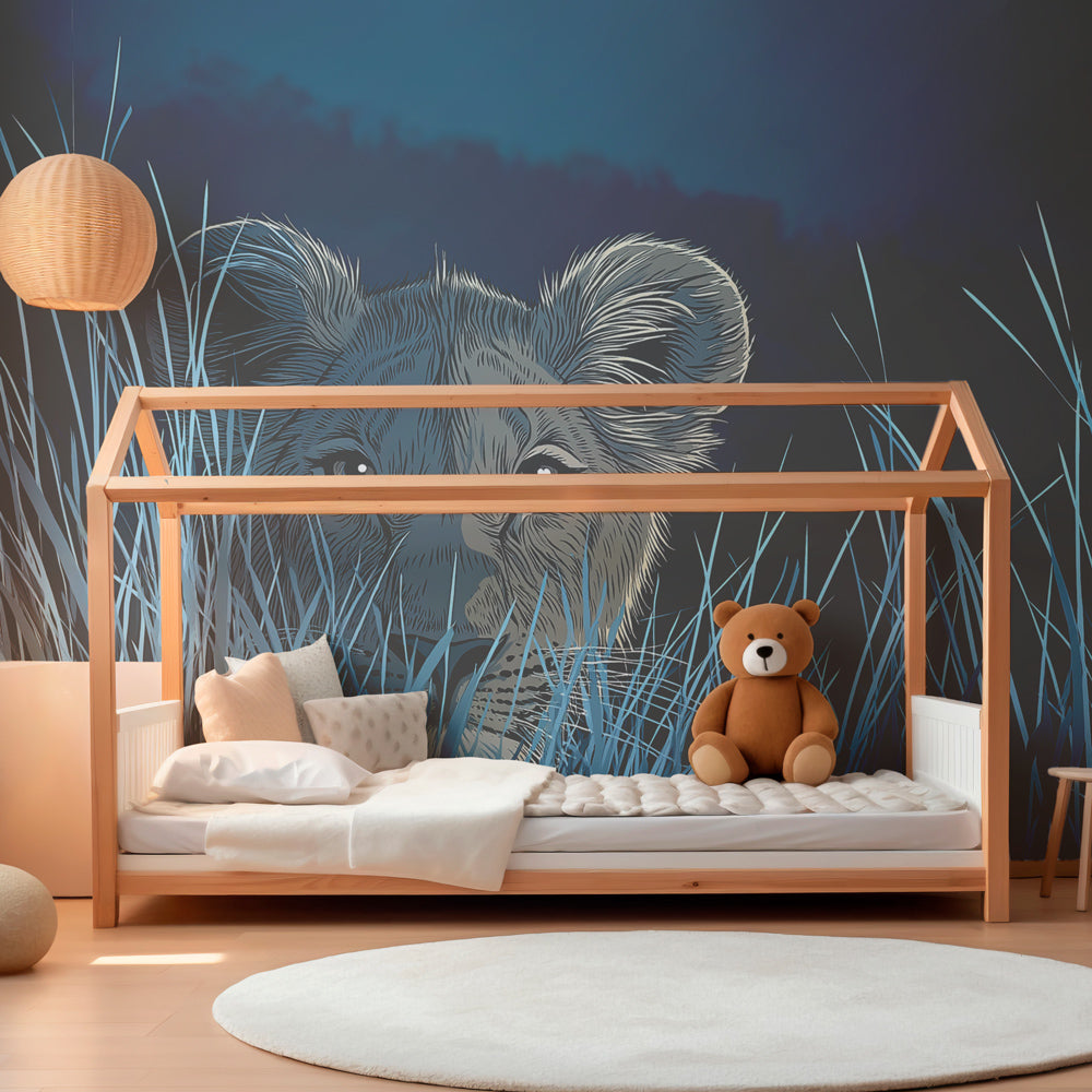 Children's lion cub wallpaper creating wild adventure theme in toddler room by Kids-Mundo