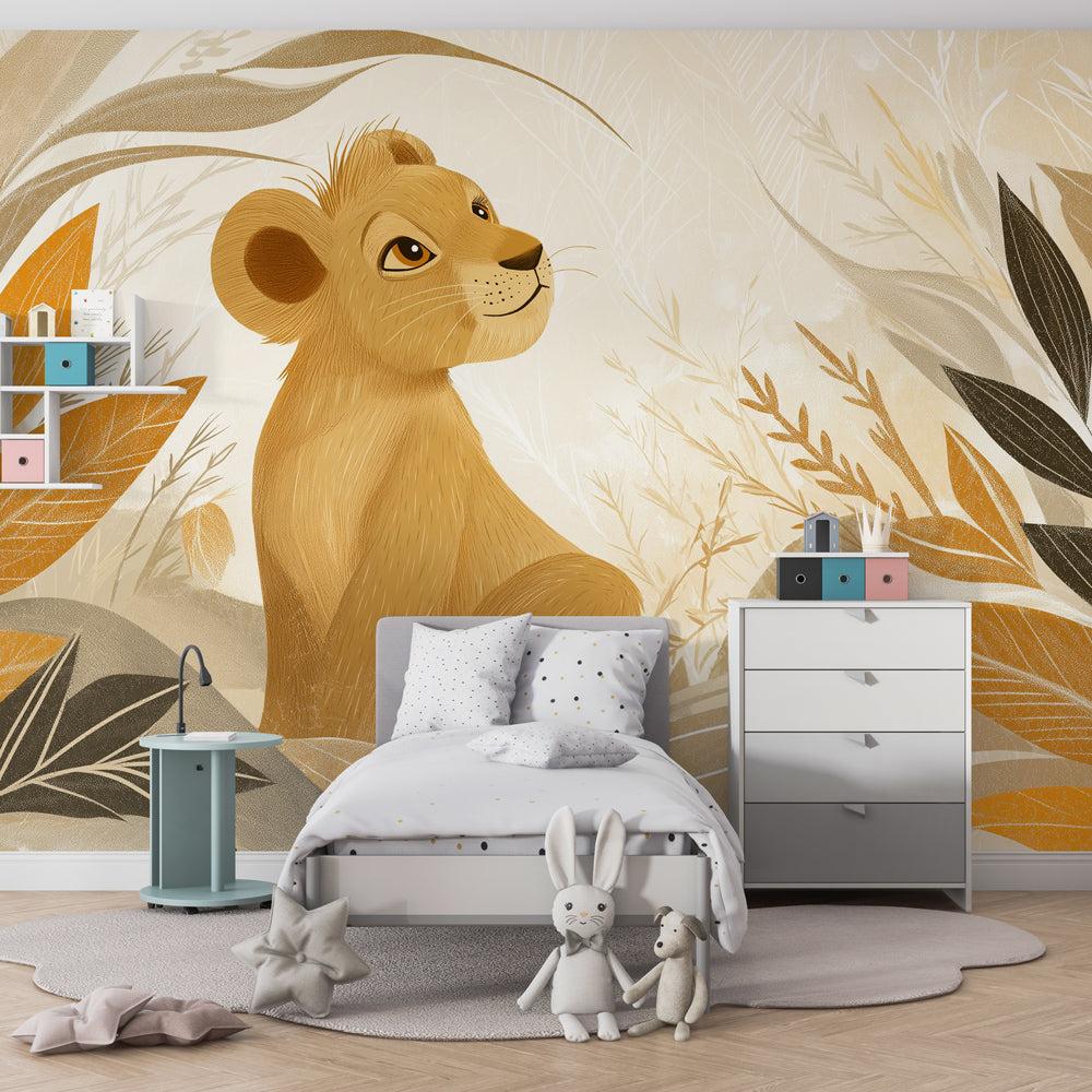 Gentle lion cub mural wallpaper transforming toddler room into peaceful safari sanctuary