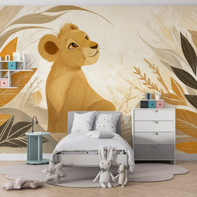 Gentle lion cub mural wallpaper transforming toddler room into peaceful safari sanctuary