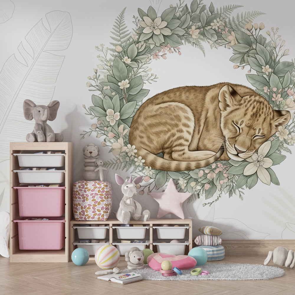 Floral lion cub mural wallpaper transforming toddler room with gentle safari theme