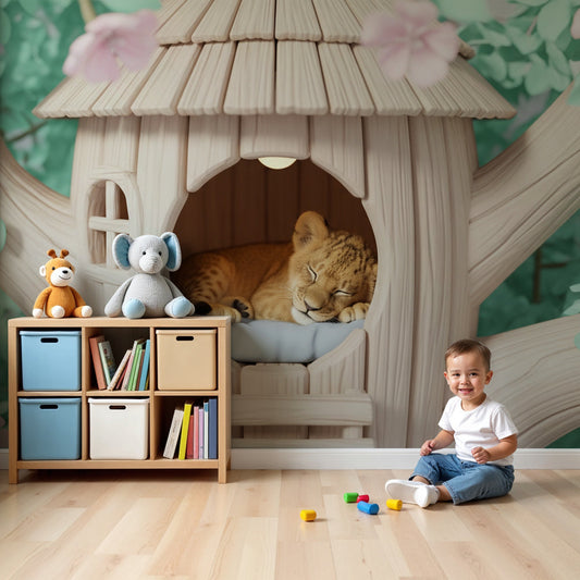 Lion cub treehouse mural wallpaper creating magical nursery decor with soft pink flowers by Kids-Mundo