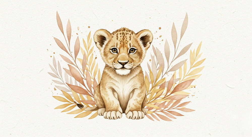 Watercolour Lion Cub with Pastel Leaves Wall Mural