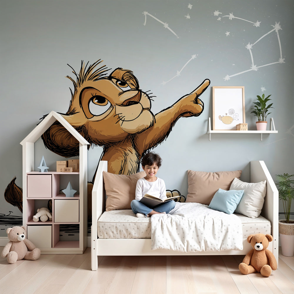 Kids-Mundo lion cub wall mural with star constellation styled above a cot in a soft nursery