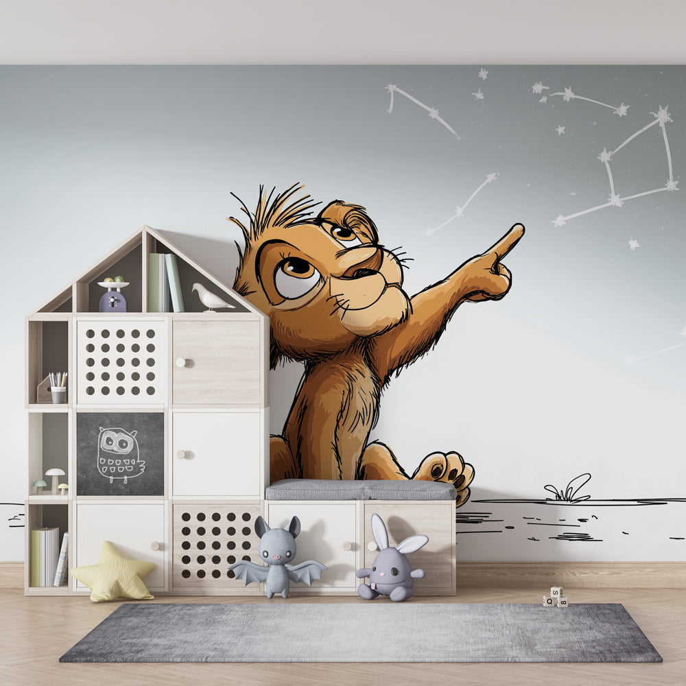 Kids-Mundo lion cub and constellation mural brightening a grey playroom feature wall