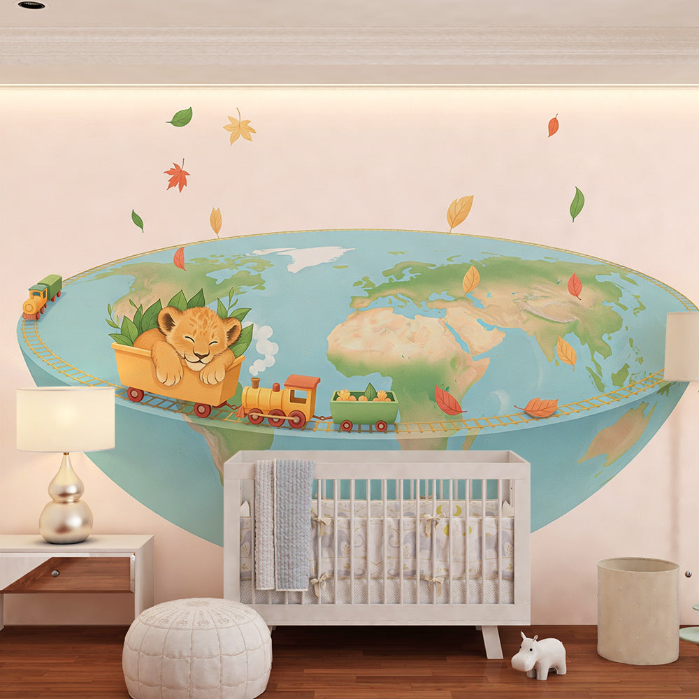 Kids-Mundo world map mural with lion cub and train brightening a playroom