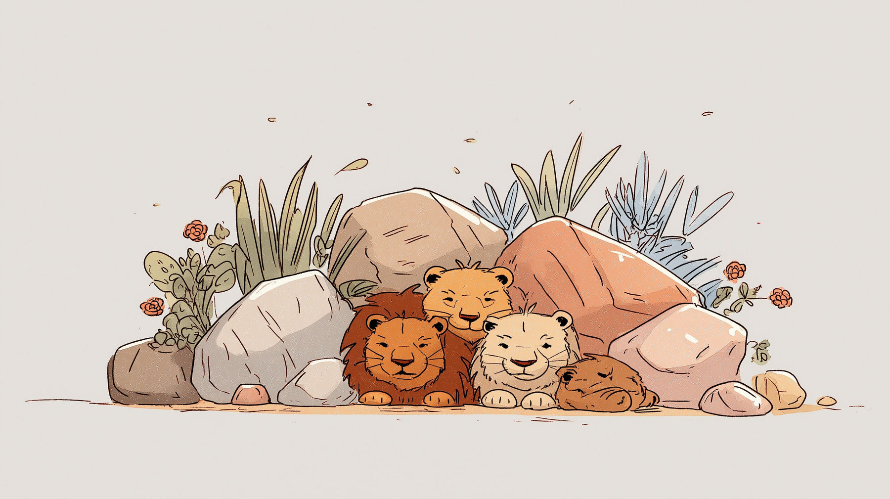 Detailed lion cubs mural wallpaper design pattern showing baby lions and botanical elements by Kids-Mundo