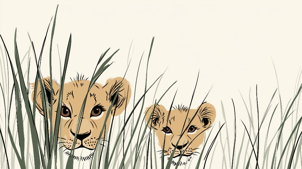Detailed lion cubs in grass mural wallpaper design pattern by Kids-Mundo
