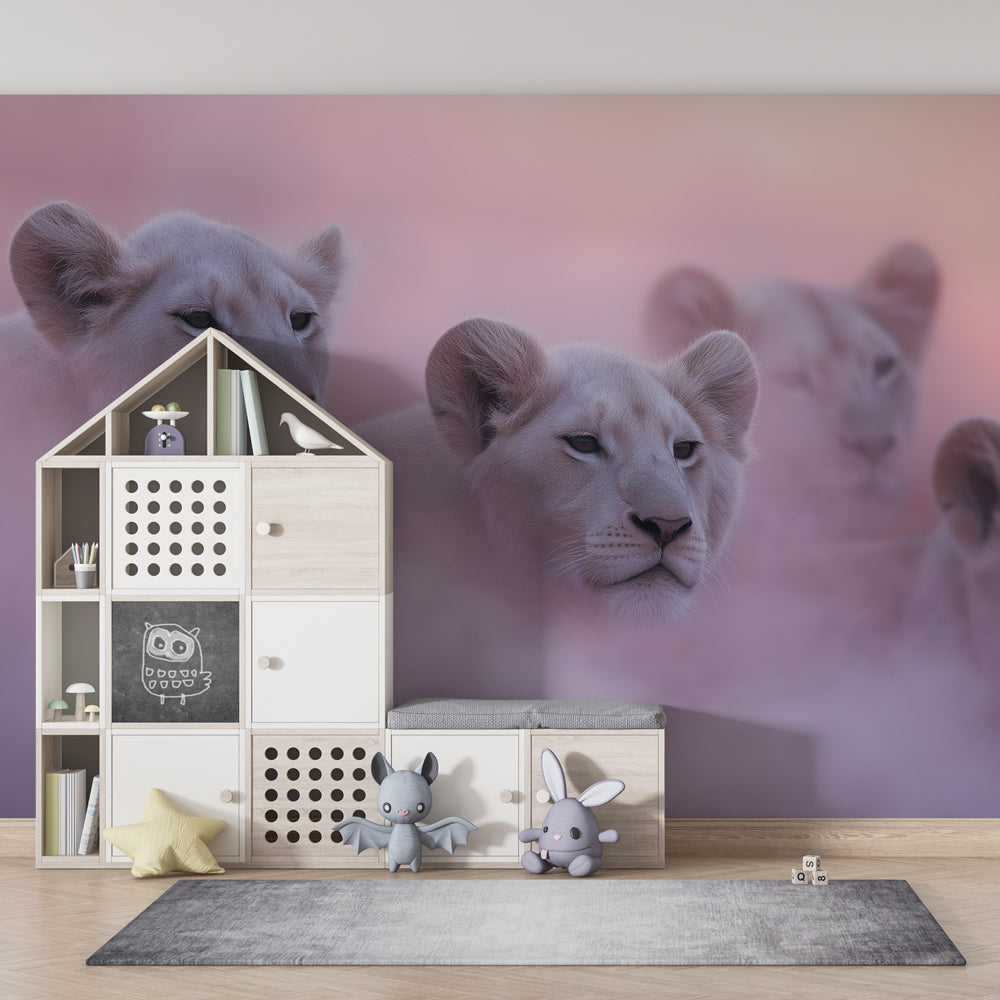 Kids playroom featuring majestic lion cubs mural wallpaper with natural wood furniture
