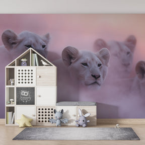 Kids playroom featuring majestic lion cubs mural wallpaper with natural wood furniture