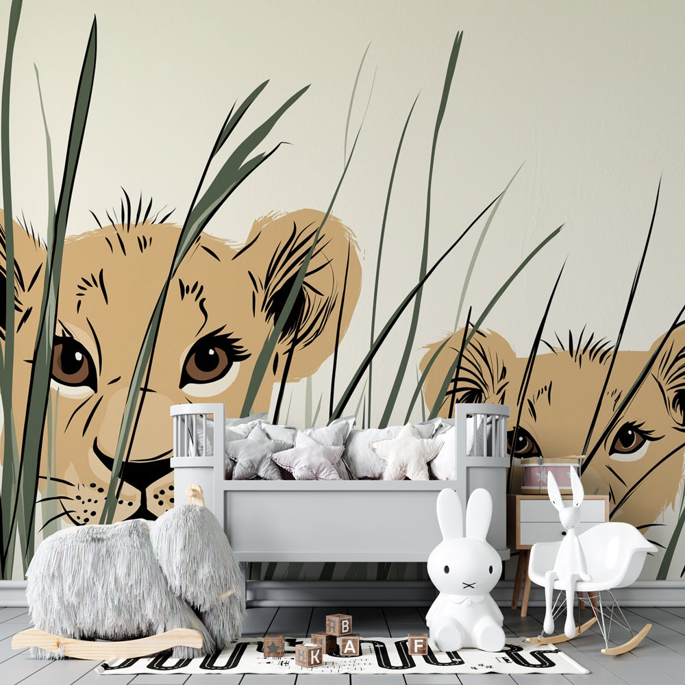 Safari lion cubs wallpaper creating cozy atmosphere in children's bedroom decor