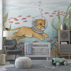 Ocean adventure mural wallpaper with diving lion in modern kids bedroom setting
