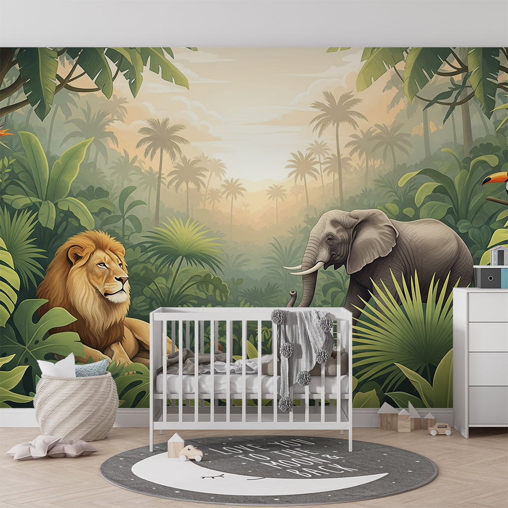Kids-Mundo lion and elephant jungle wall mural brightening a playroom with rug and toy baskets.