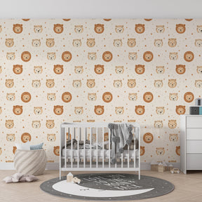 Safari themed lion mural wallpaper transforming kids bedroom with warm beige tones and star details