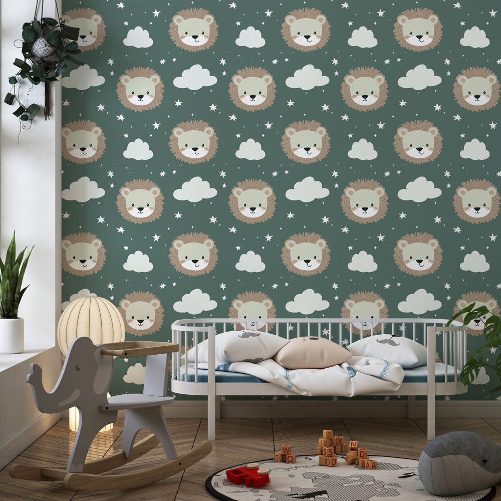 Cute lion safari mural wallpaper in modern children's bedroom setting