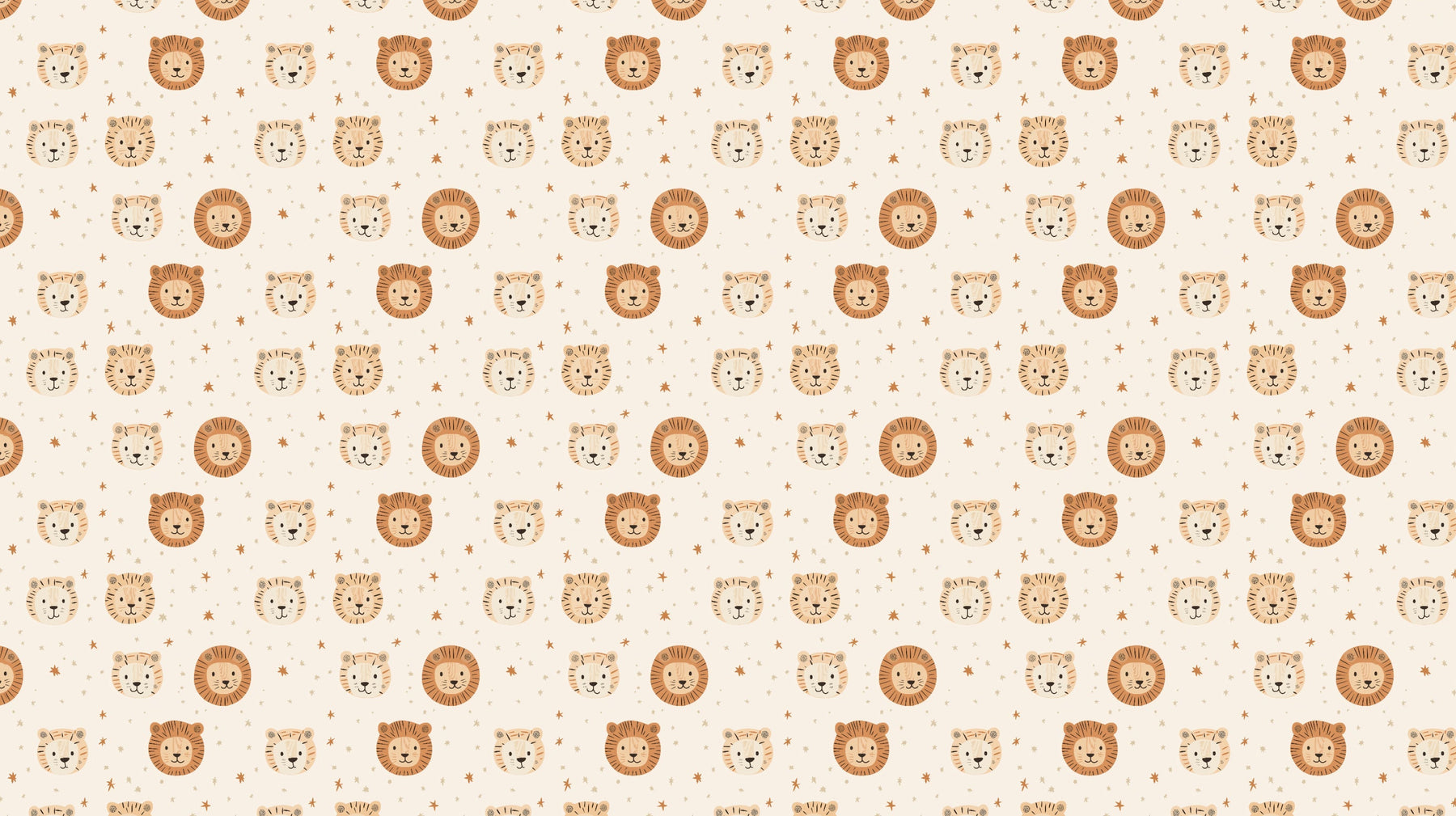 Detailed lion face mural wallpaper design pattern showing smiling lions and stars on beige background