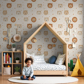Lion face mural wallpaper creating cozy safari nursery decor with wooden furniture by Kids-Mundo
