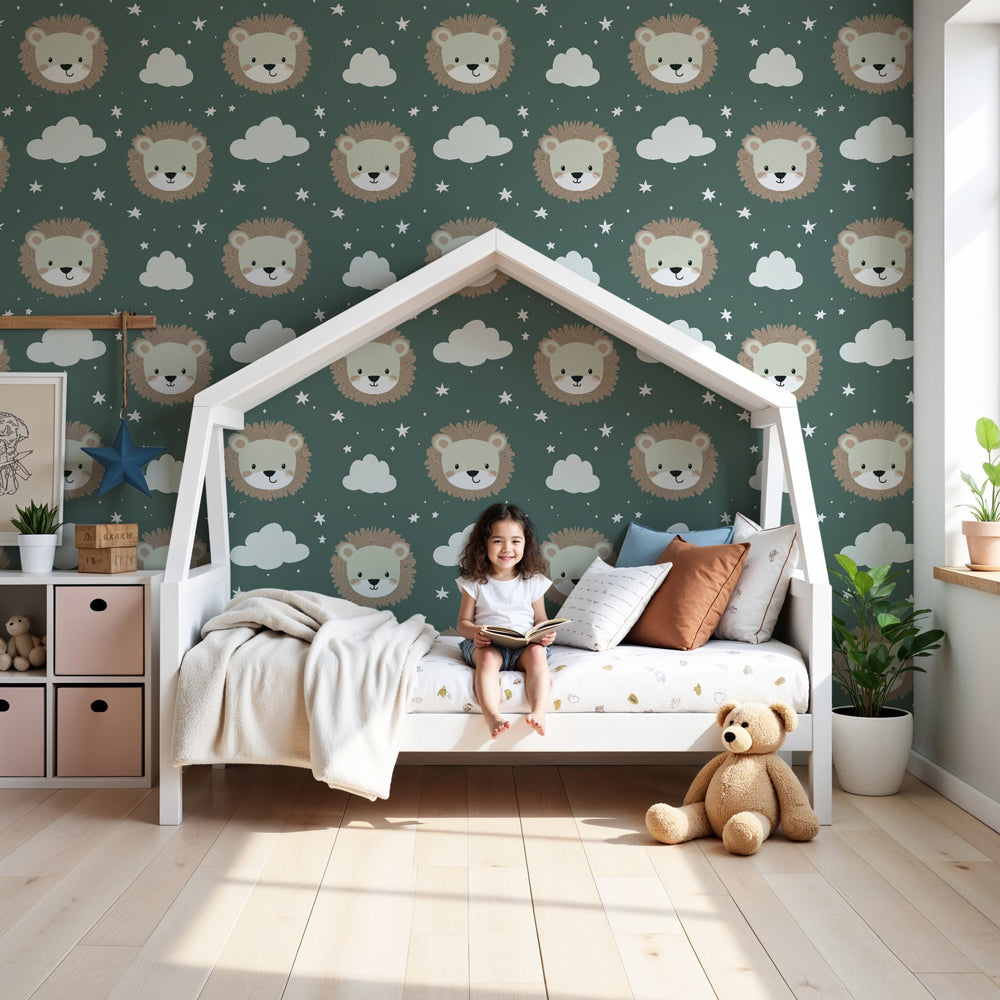 Lion face mural wallpaper creating cozy safari nursery with green tones by Kids-Mundo