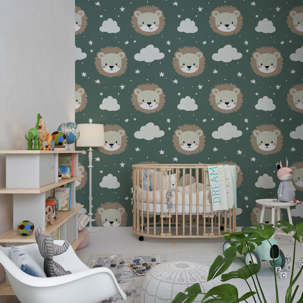 Animal themed lion wallpaper transforming kids playroom into safari adventure space