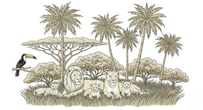 Detailed lion family mural wallpaper design pattern showing safari animals and tropical vegetation by Kids-Mundo