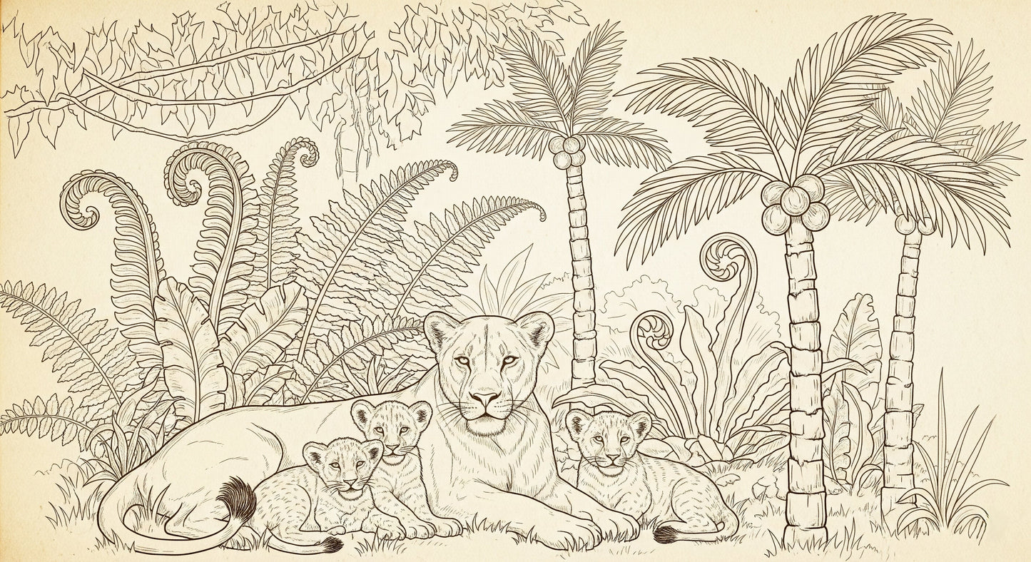 Detailed lion family jungle mural wallpaper design pattern with tropical foliage by Kids-Mundo