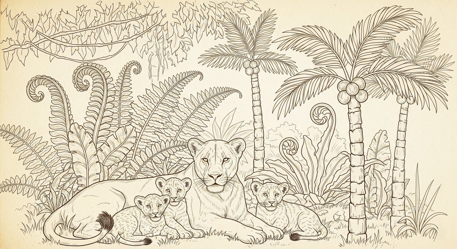 Detailed lion family jungle mural wallpaper design pattern with tropical foliage by Kids-Mundo