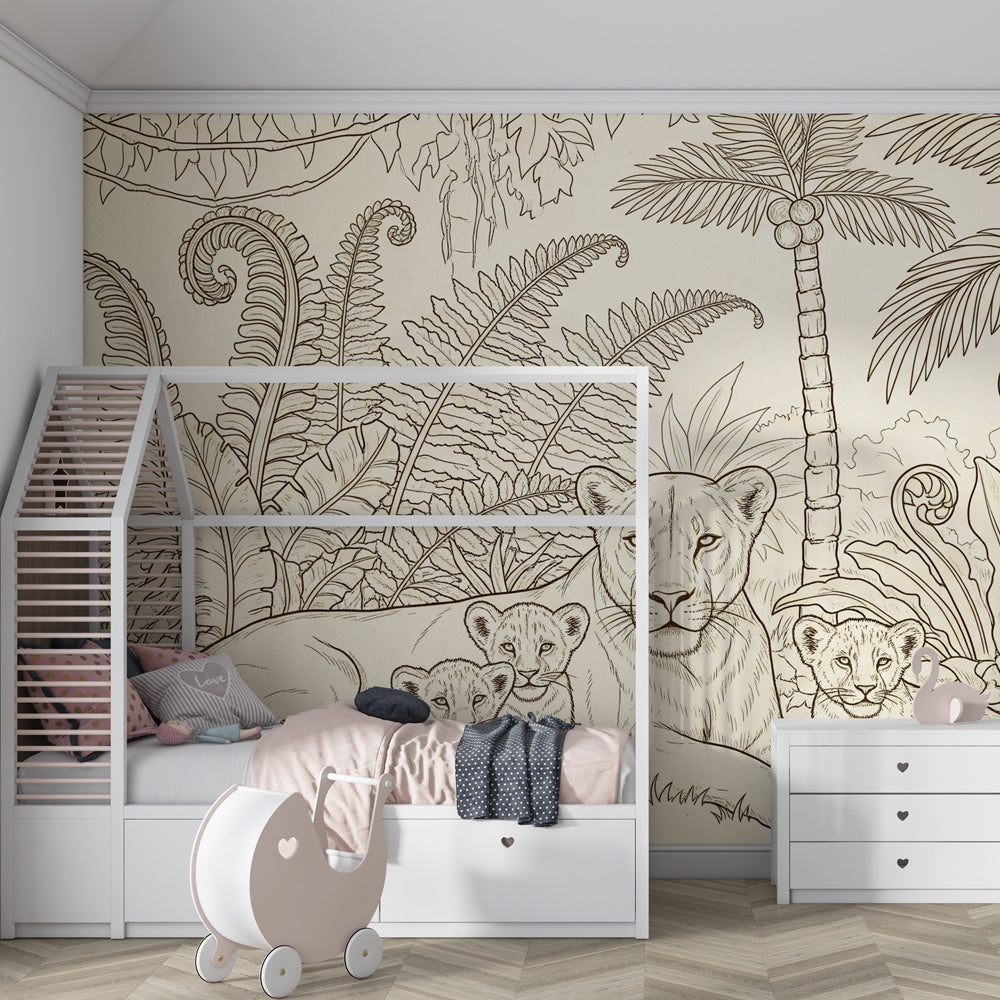 Safari lion family wallpaper creating wild adventure atmosphere in children's bedroom