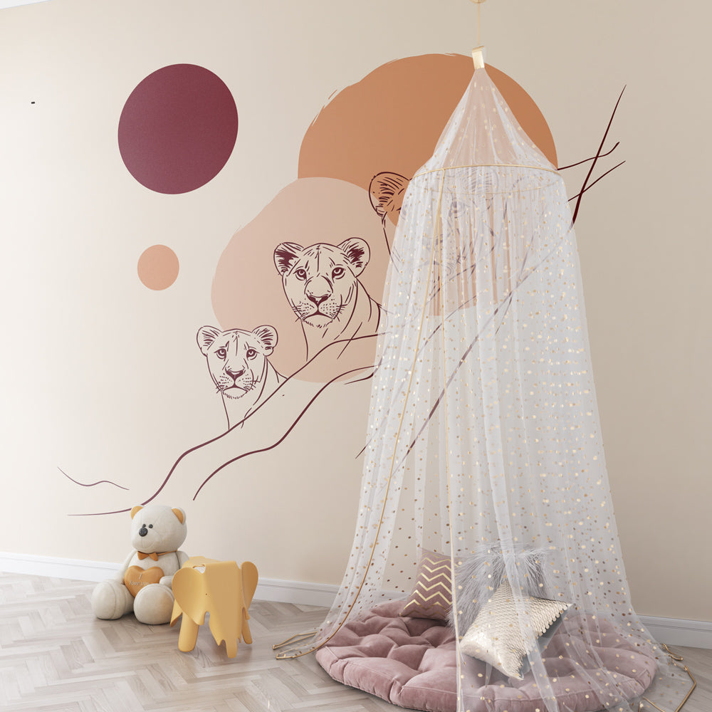 Elegant lion family wallpaper transforming children's playroom into safari adventure space