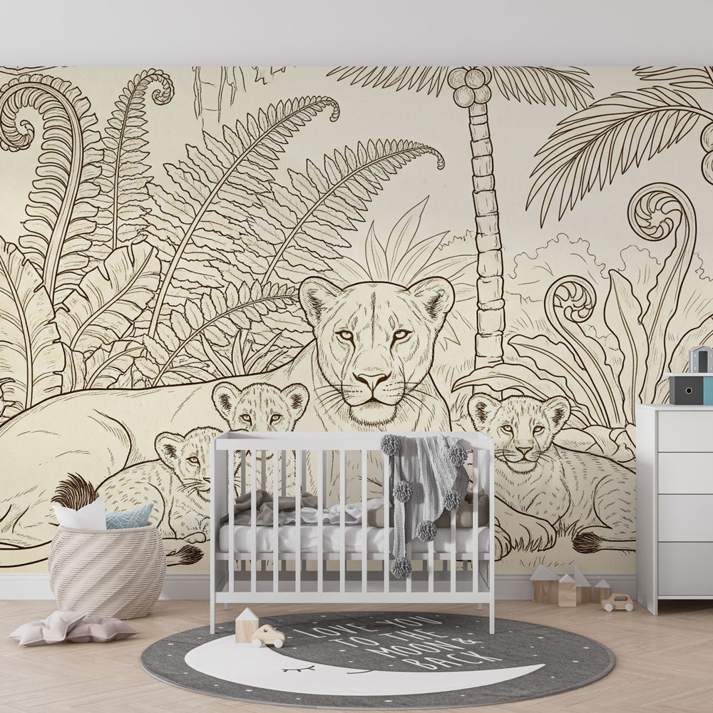 Jungle-themed lion mural wallpaper transforming playroom into wildlife sanctuary