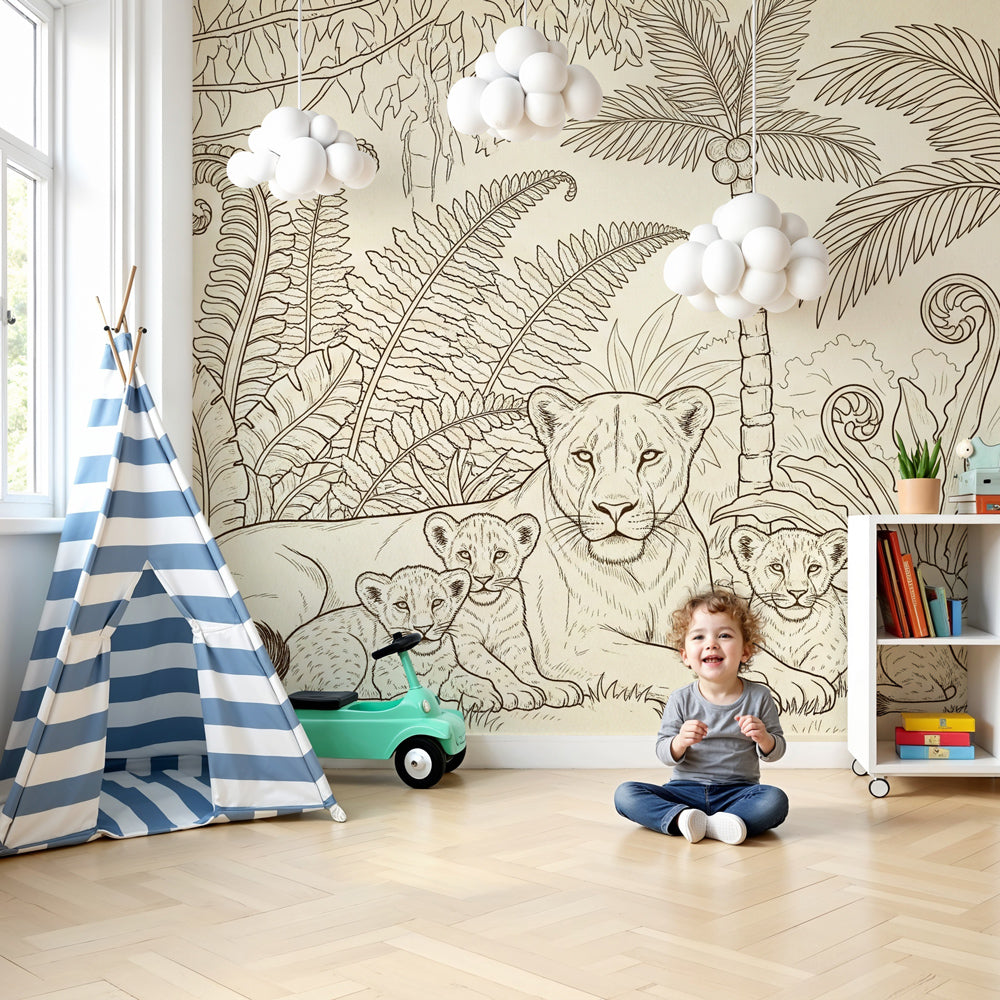 Lion family jungle mural wallpaper in modern safari-themed nursery by Kids-Mundo