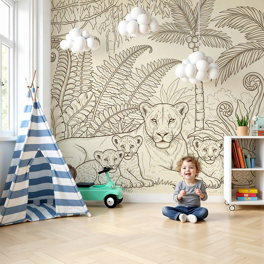 Lion family jungle mural wallpaper in modern safari-themed nursery by Kids-Mundo