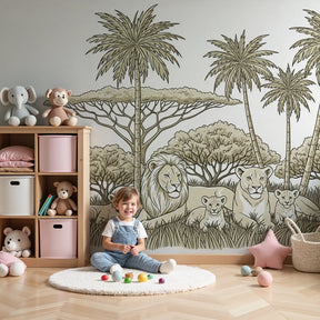 Lion family mural wallpaper creating safari-themed nursery with natural wood furniture by Kids-Mundo