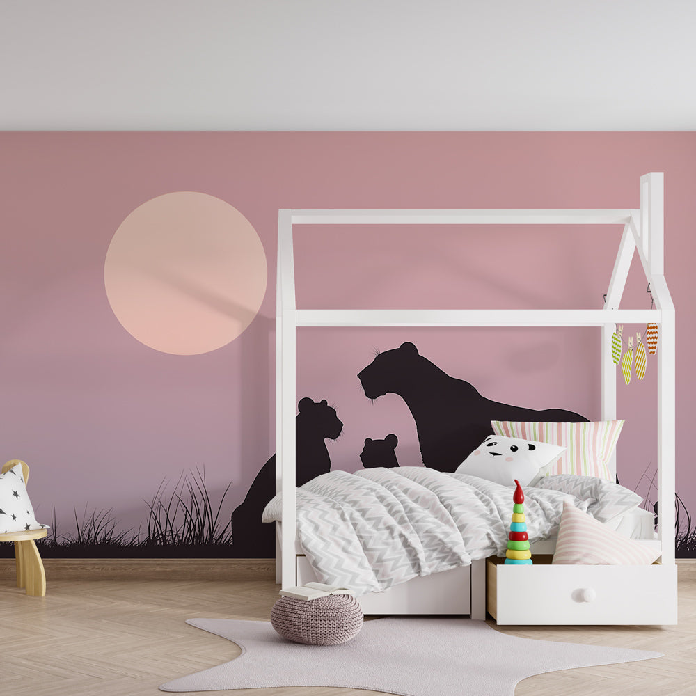 Pink and violet sunset lion family wallpaper for children's room decor by Kids-Mundo