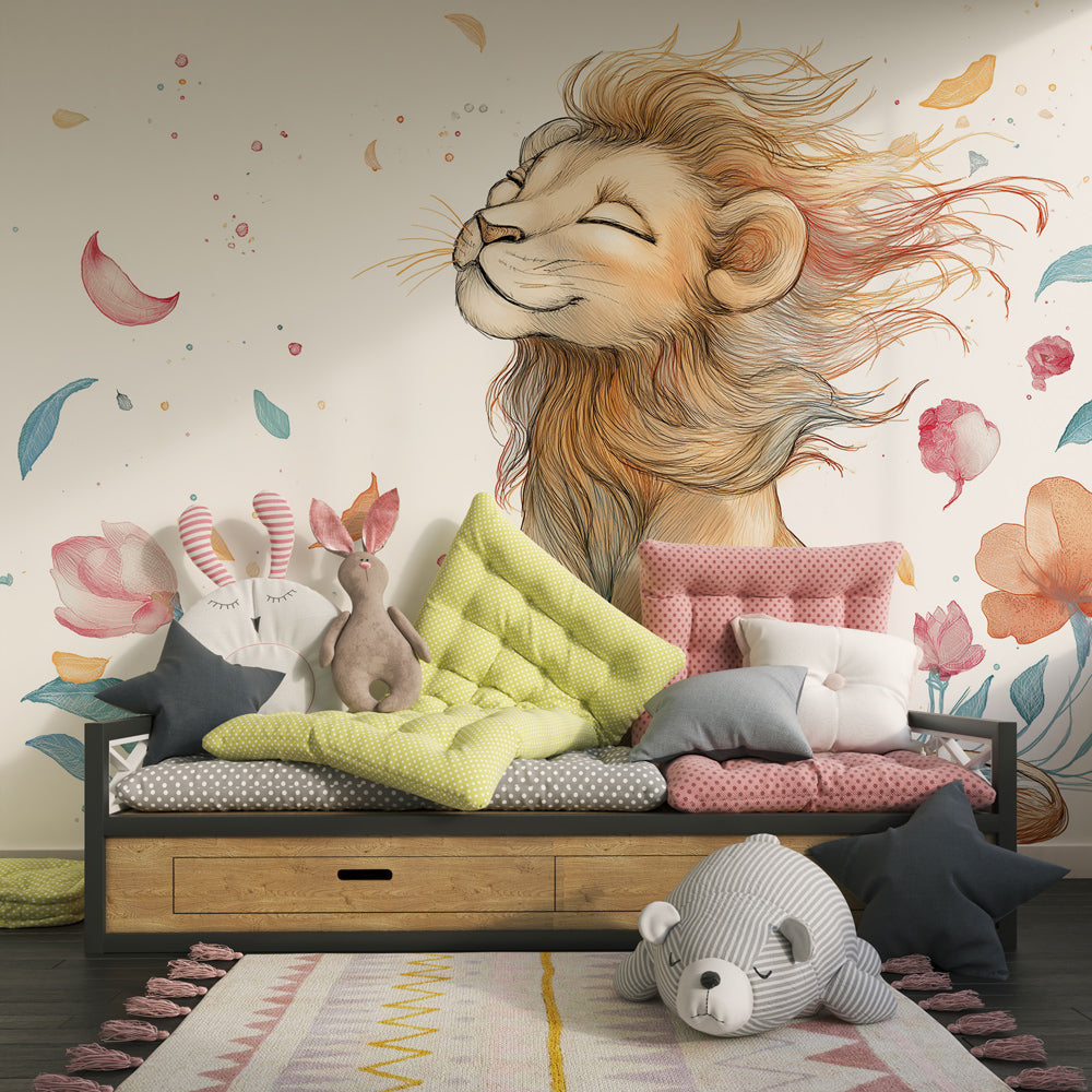 Safari garden wallpaper creating peaceful children's bedroom with soft pastel colors
